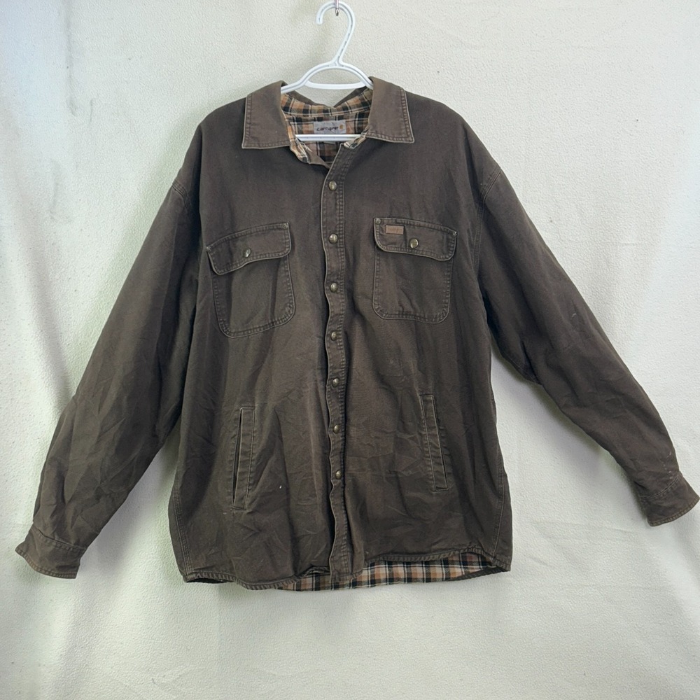 Carhartt Shirt Jacket Mens XL Tall Brown Flannel Lined Work Canvas